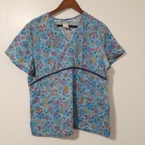 SB Scrubs Floral Print Scrub Top Size Large V-Neck Pockets